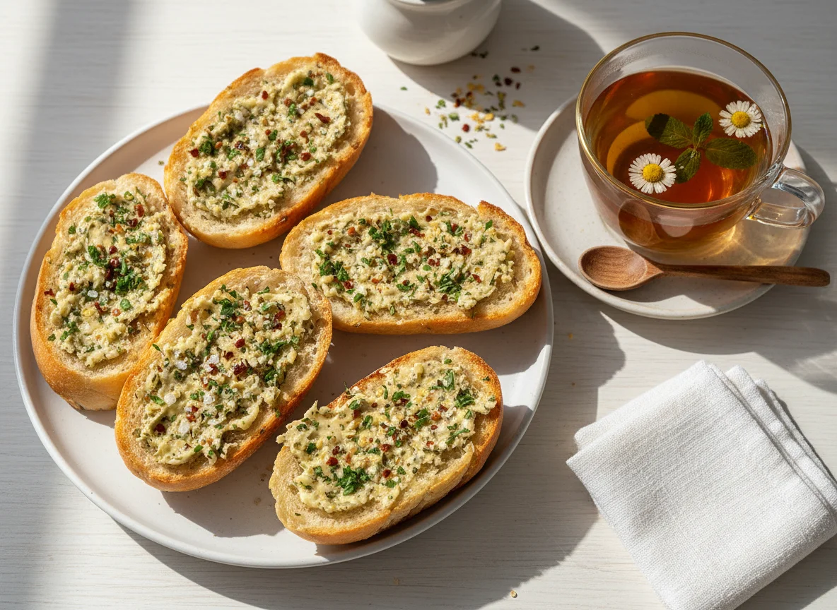 Pão francês com tempero e chá photo