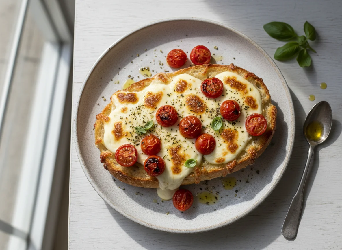 Pão gratinado com tomate e queijo photo