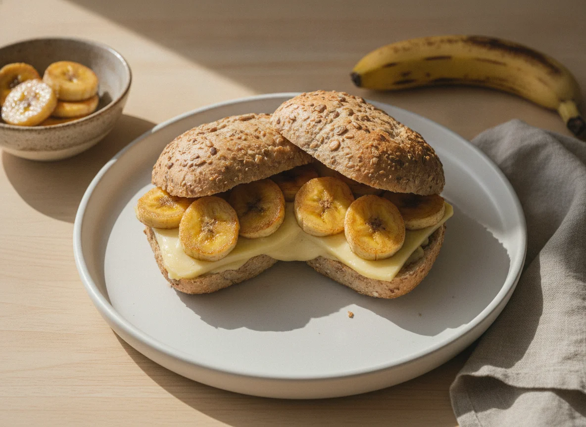 Pão integral com queijo e banana frita photo