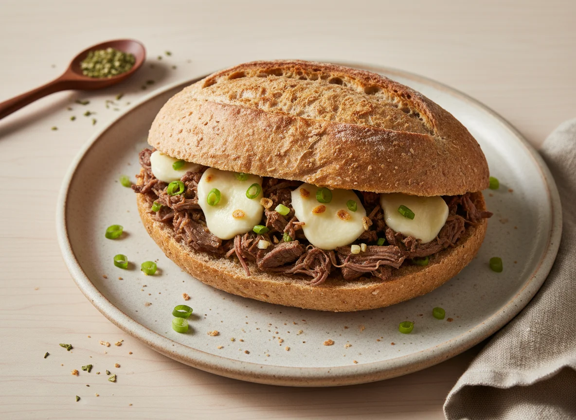 Pão integral recheado com carne e mussarela photo