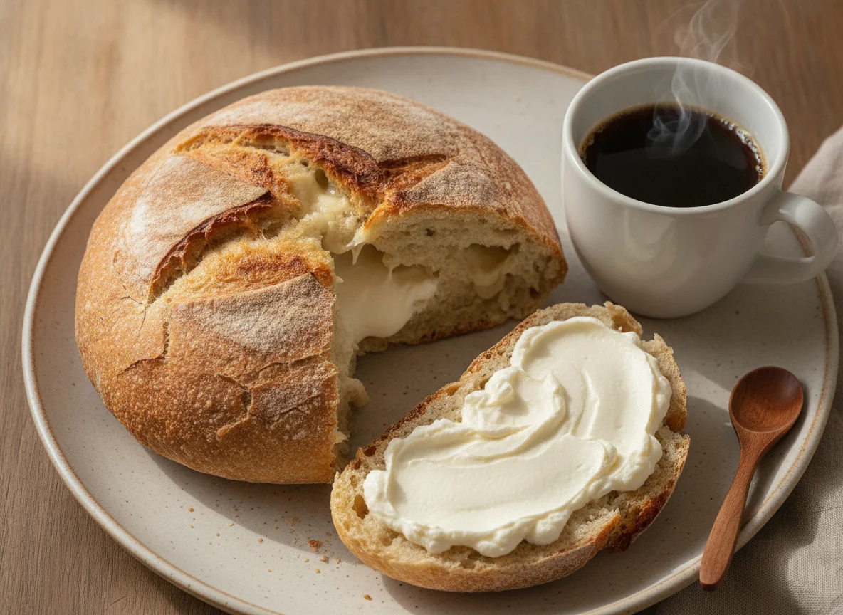 Pão italiano de provolone com requeijão e café photo