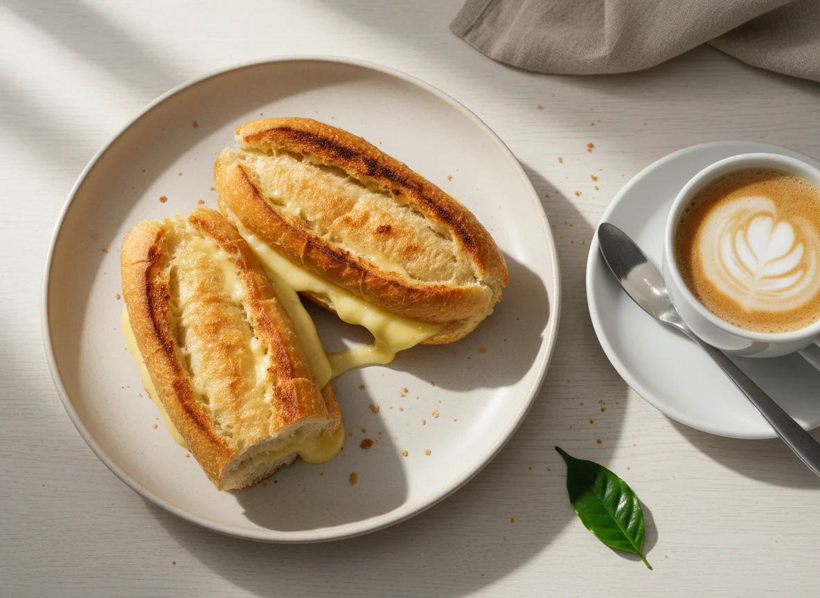 Pão na chapa com queijo e café com leite photo