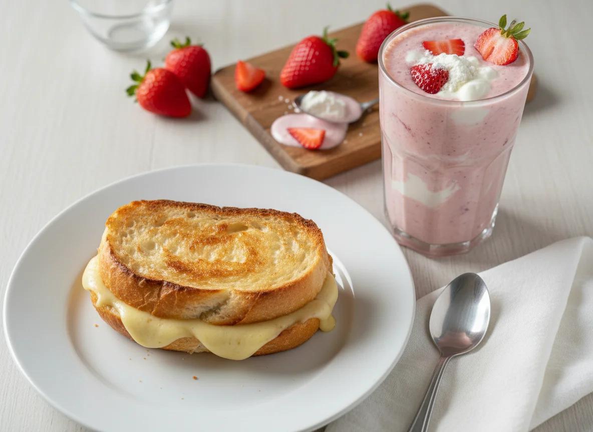Pão na chapa com queijo e vitamina de morango com whey e iogurte grego photo