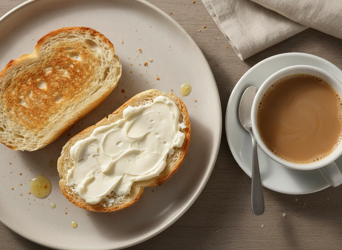 Pão na chapa com requeijão e café com leite photo