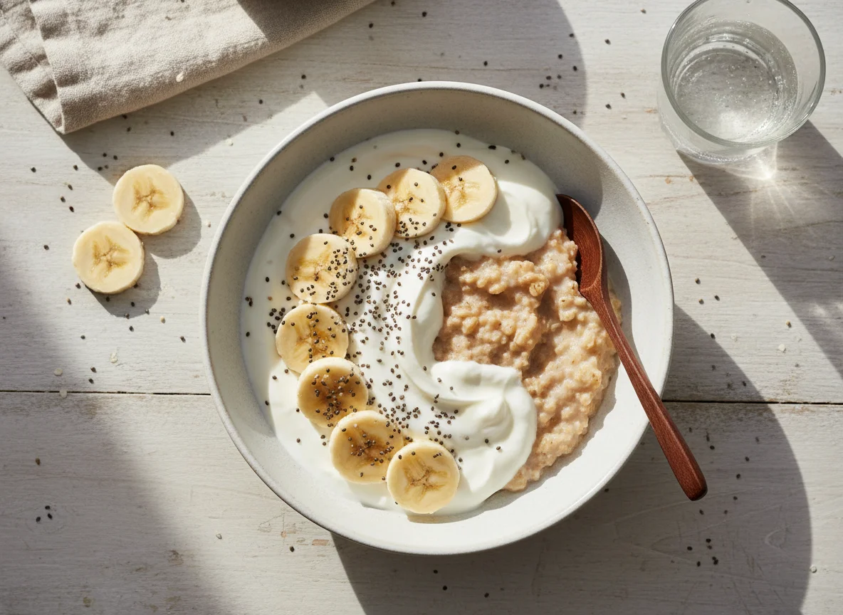 Papas de aveia com banana, iogurte e sementes de chia photo