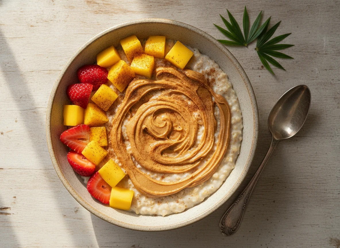 Papas de aveia com fruta e manteiga de amendoim photo