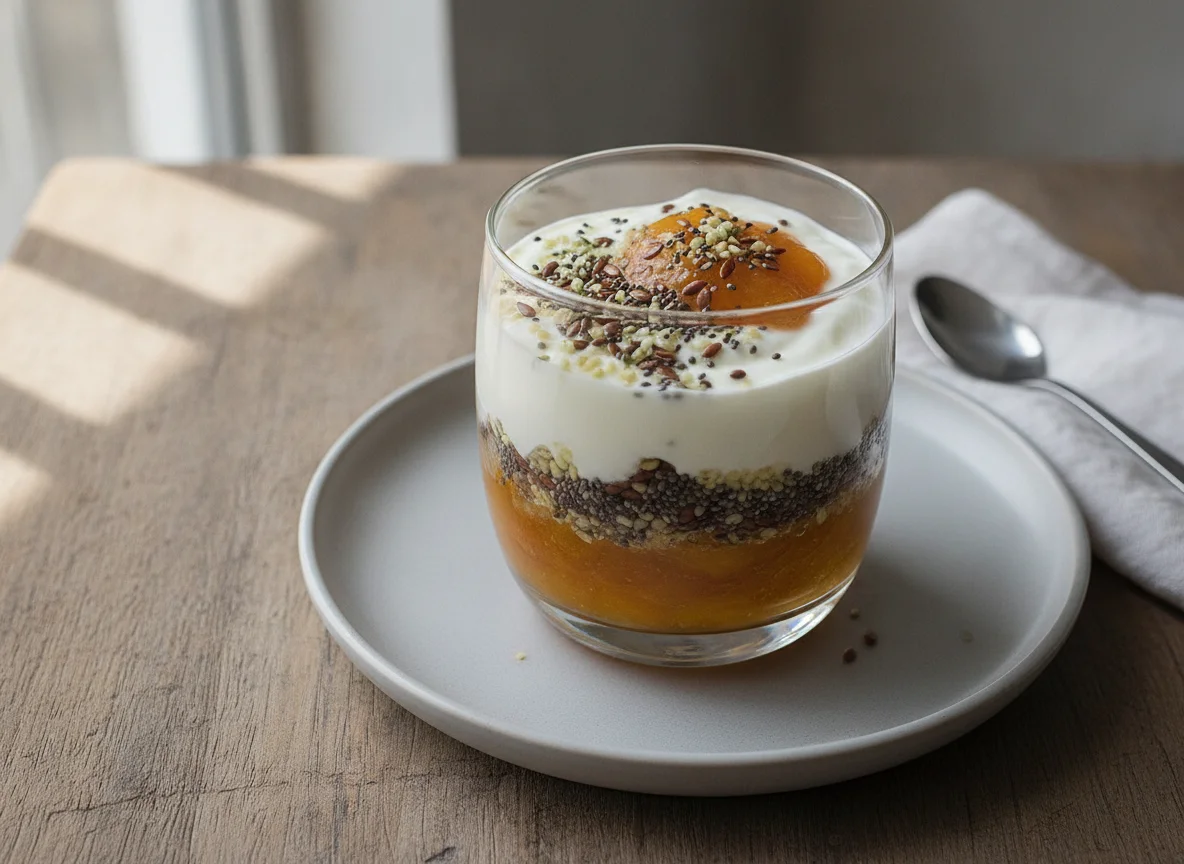 Parfait de iogurte com sementes e compota de fruta photo