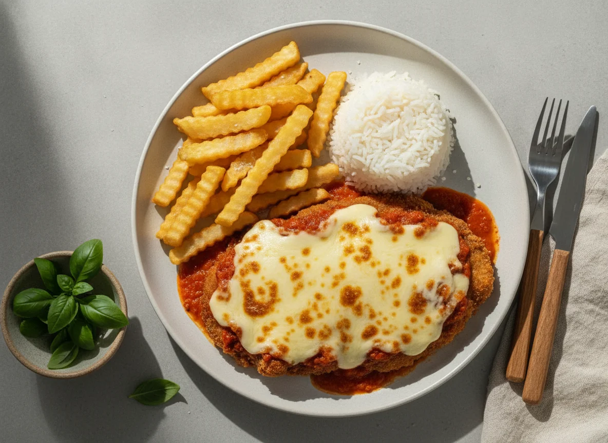 Parmegiana de Carne com Arroz e Batata Frita photo