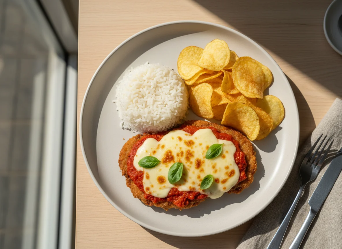 Parmegiana de filé com arroz e batata chips photo