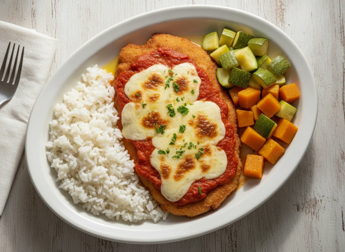 Parmegiana de Frango com Arroz e Legumes photo