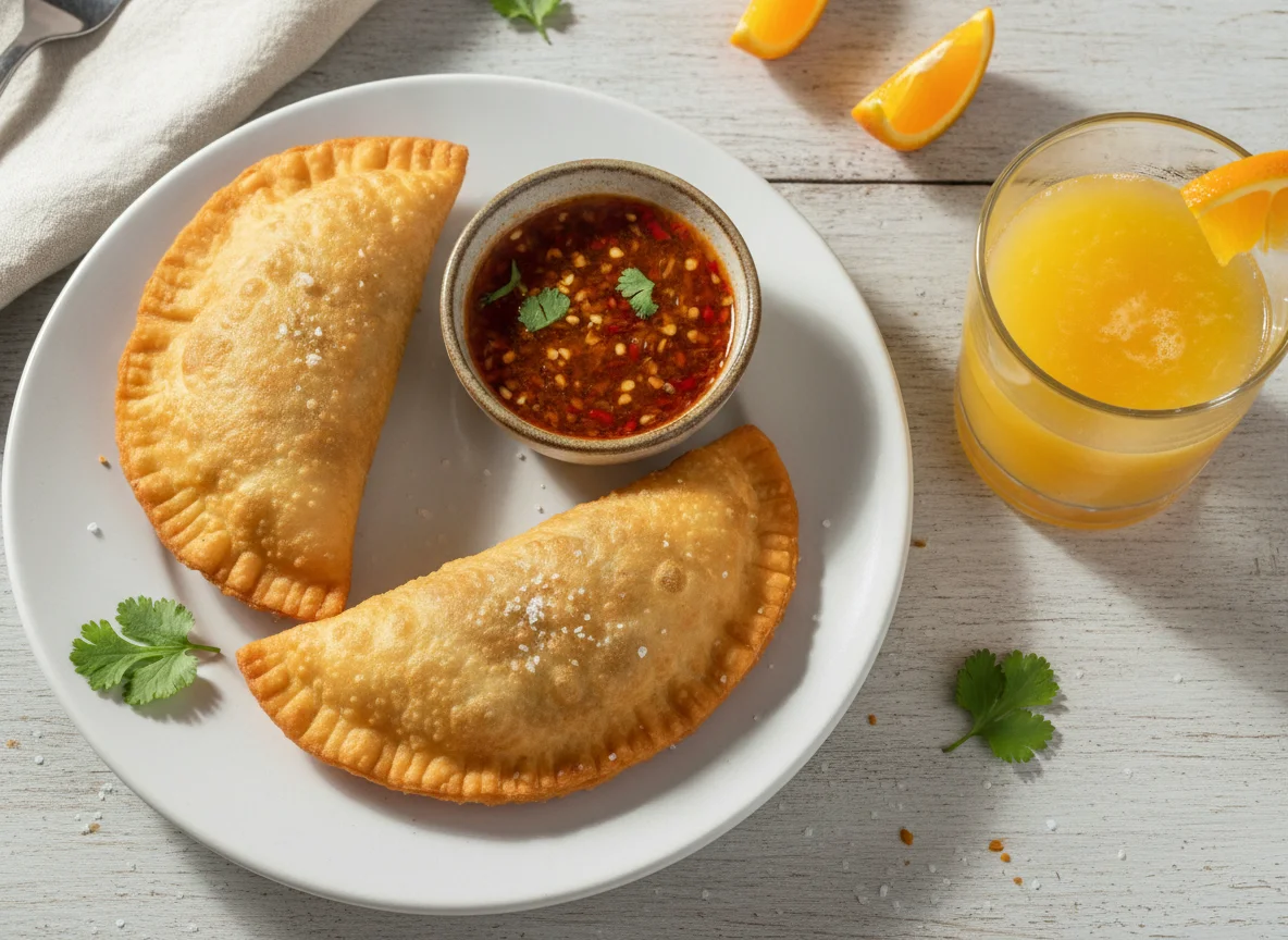 Pastel com molho e suco de laranja photo