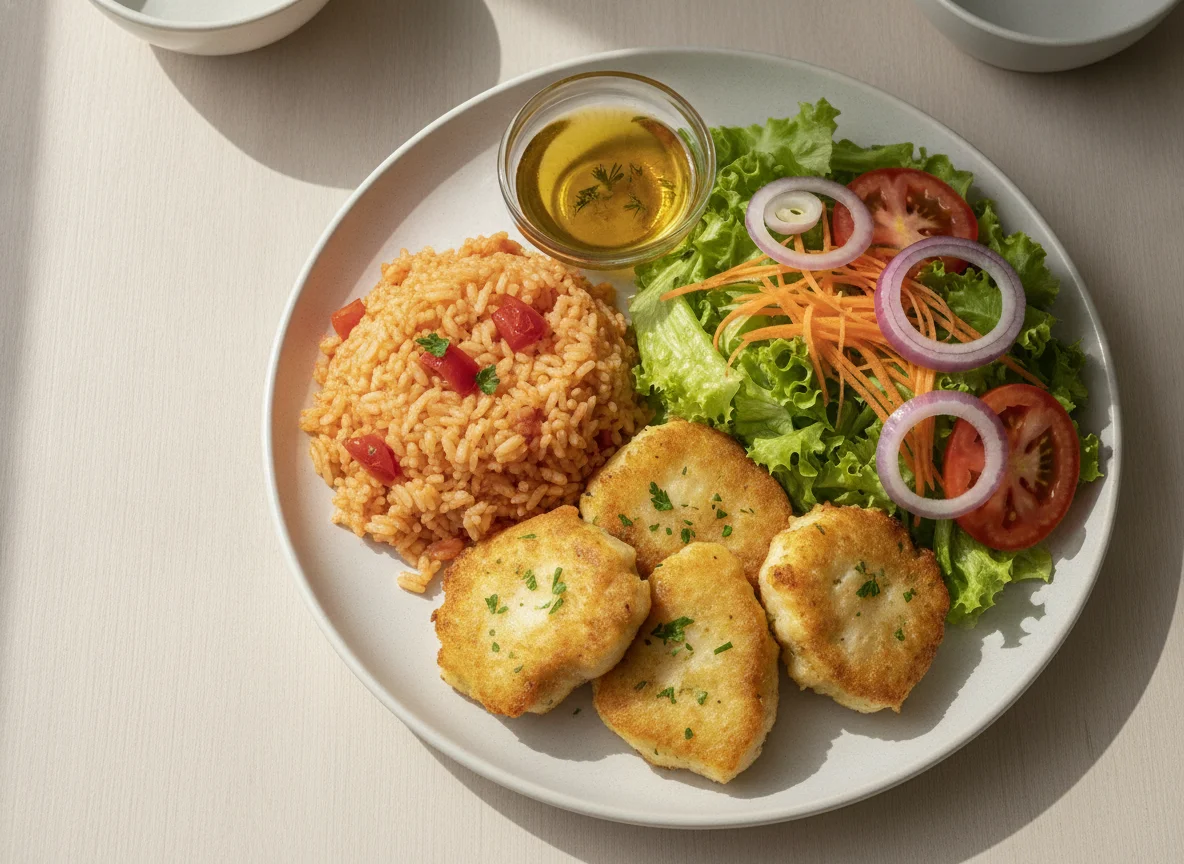 Pataniscas de Bacalhau com Arroz de Tomate e Salada Mista photo