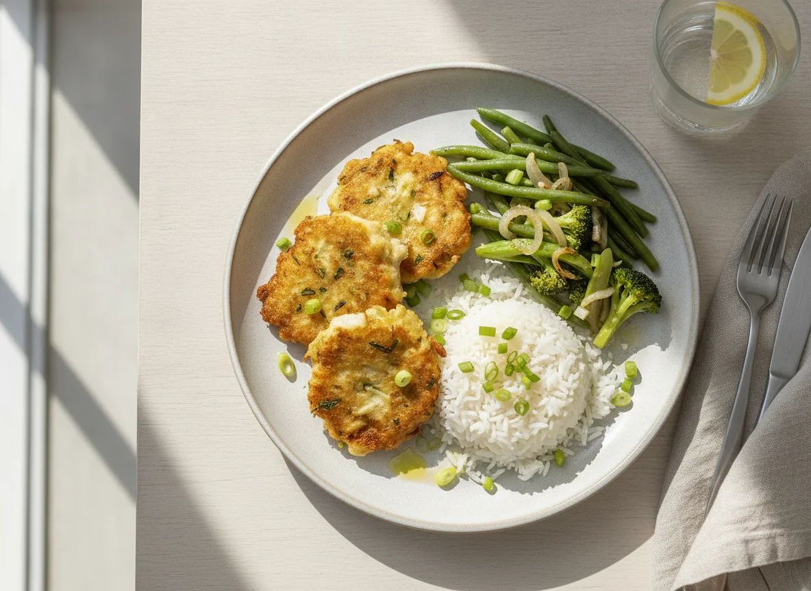 Pataniscas de bacalhau com arroz e feijão verde photo