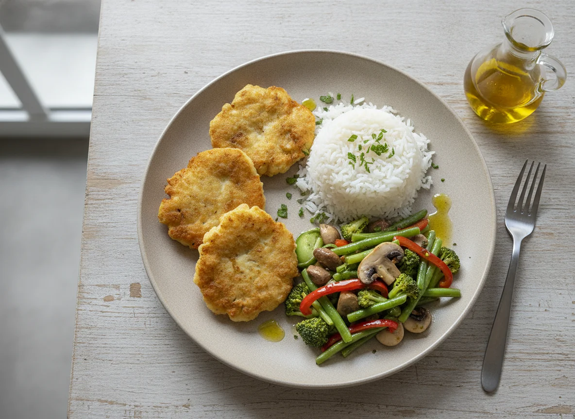 Pataniscas de bacalhau com arroz e legumes photo