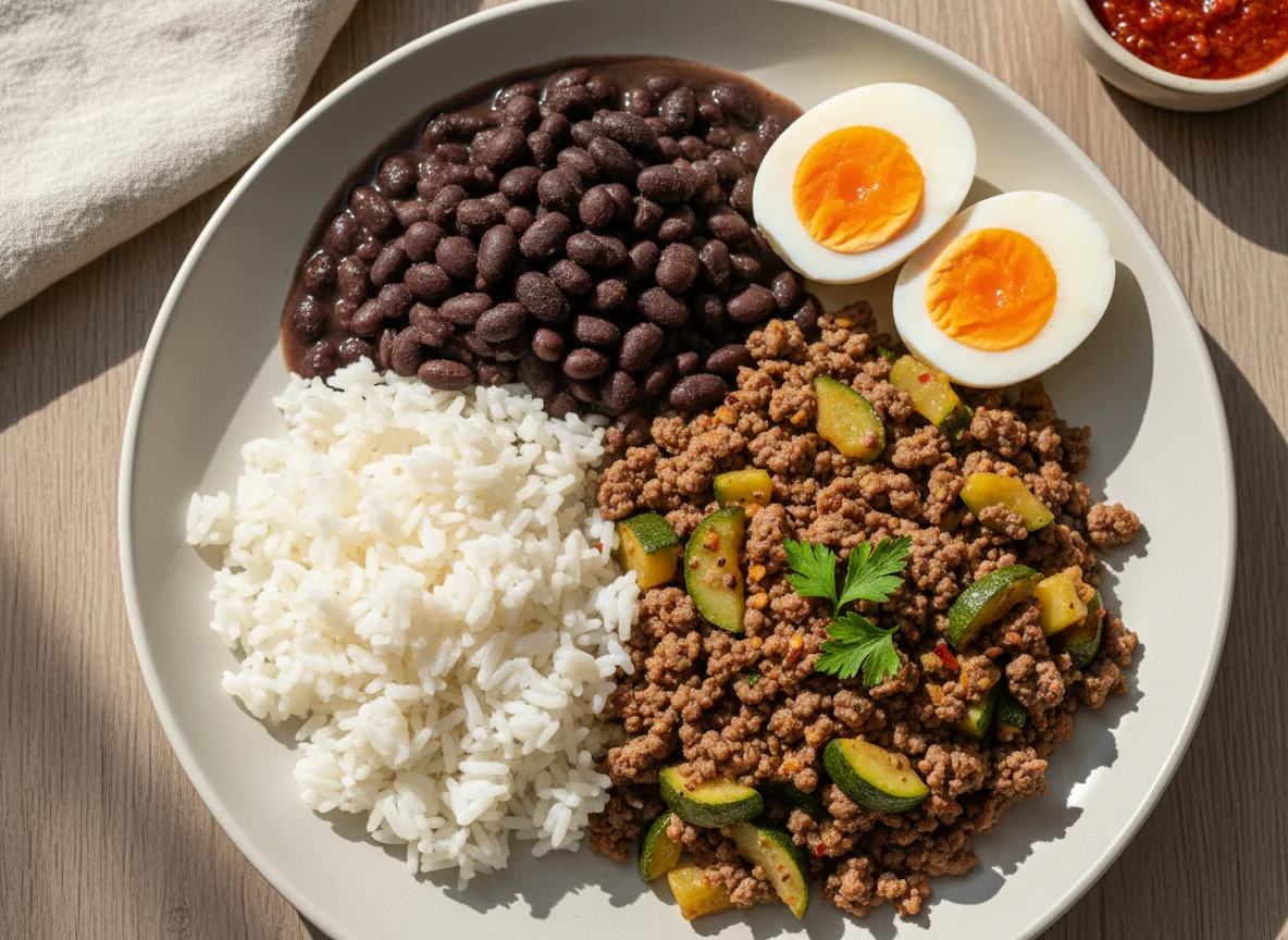 Patinho moído com abobrinha refogada, arroz, feijão e ovos cozidos photo