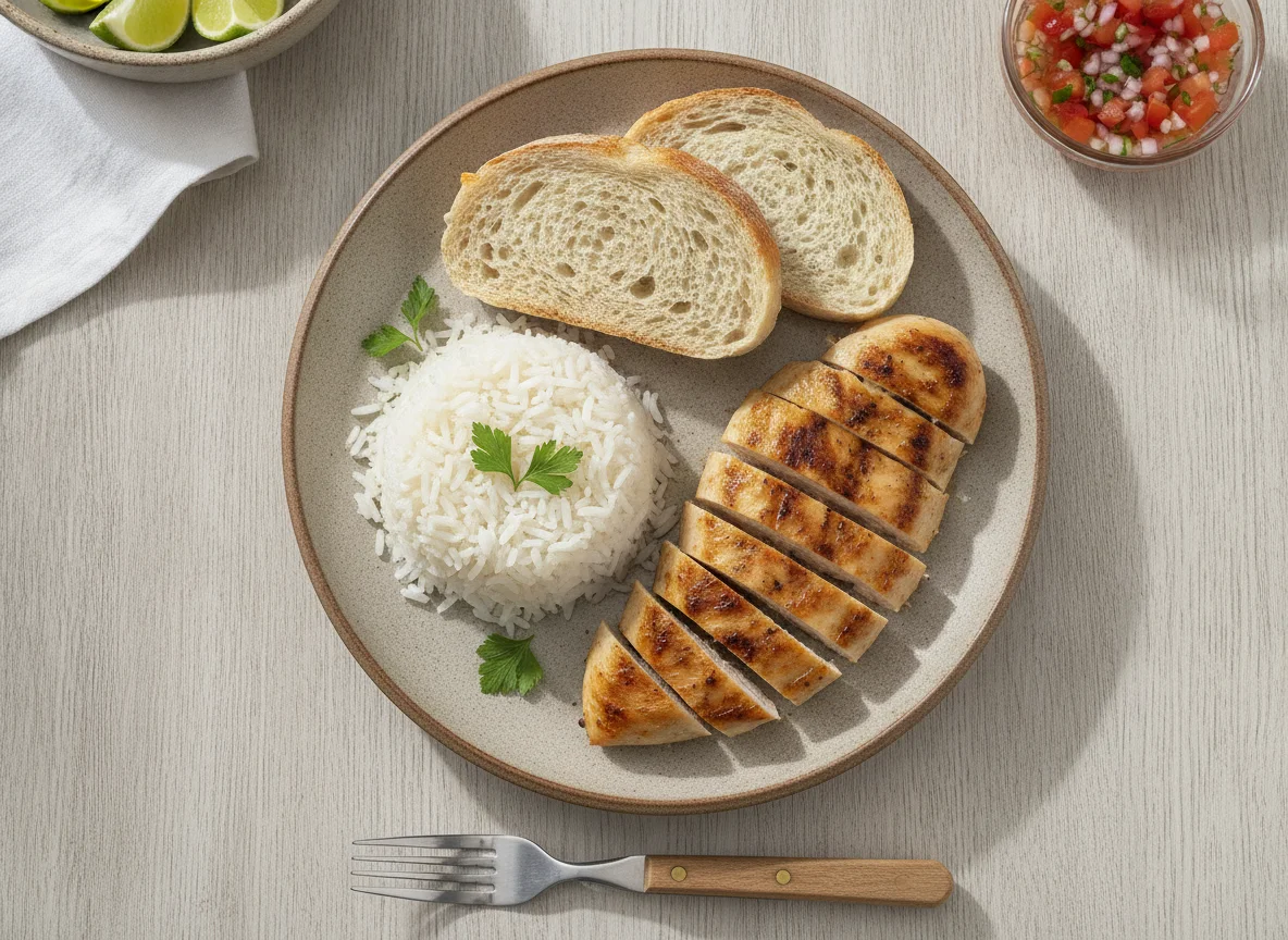 Peito de Frango com Arroz e Pão photo