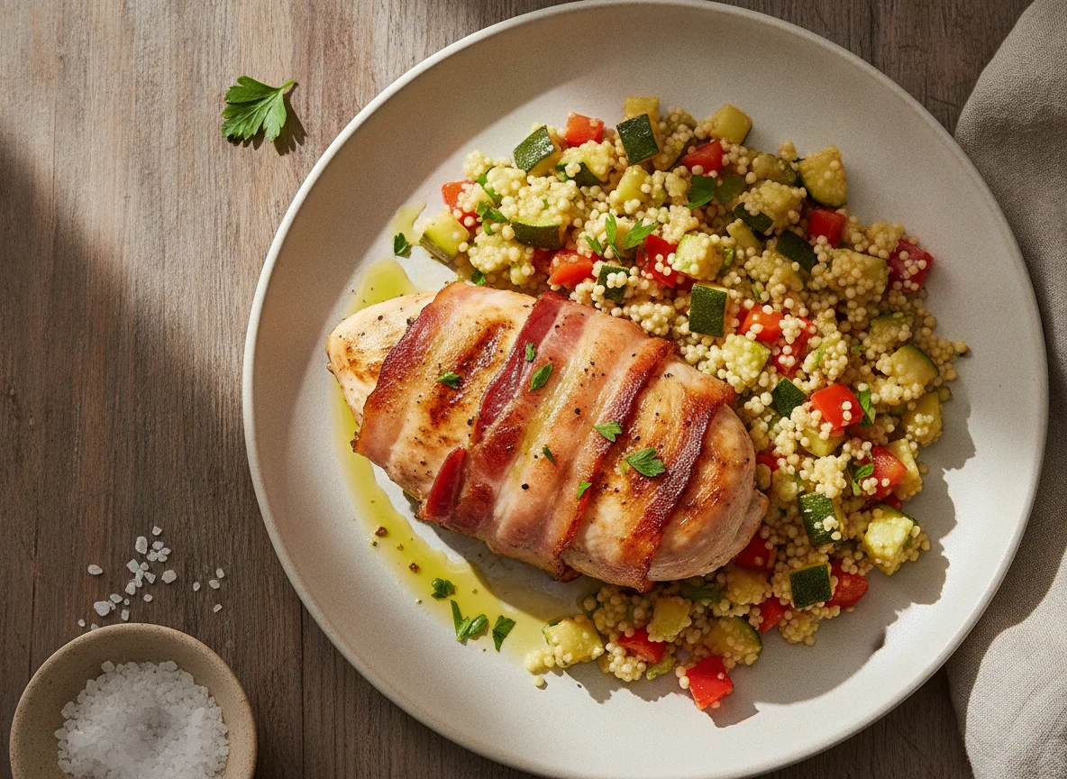 Peito de frango com bacon e cuscuz de legumes photo