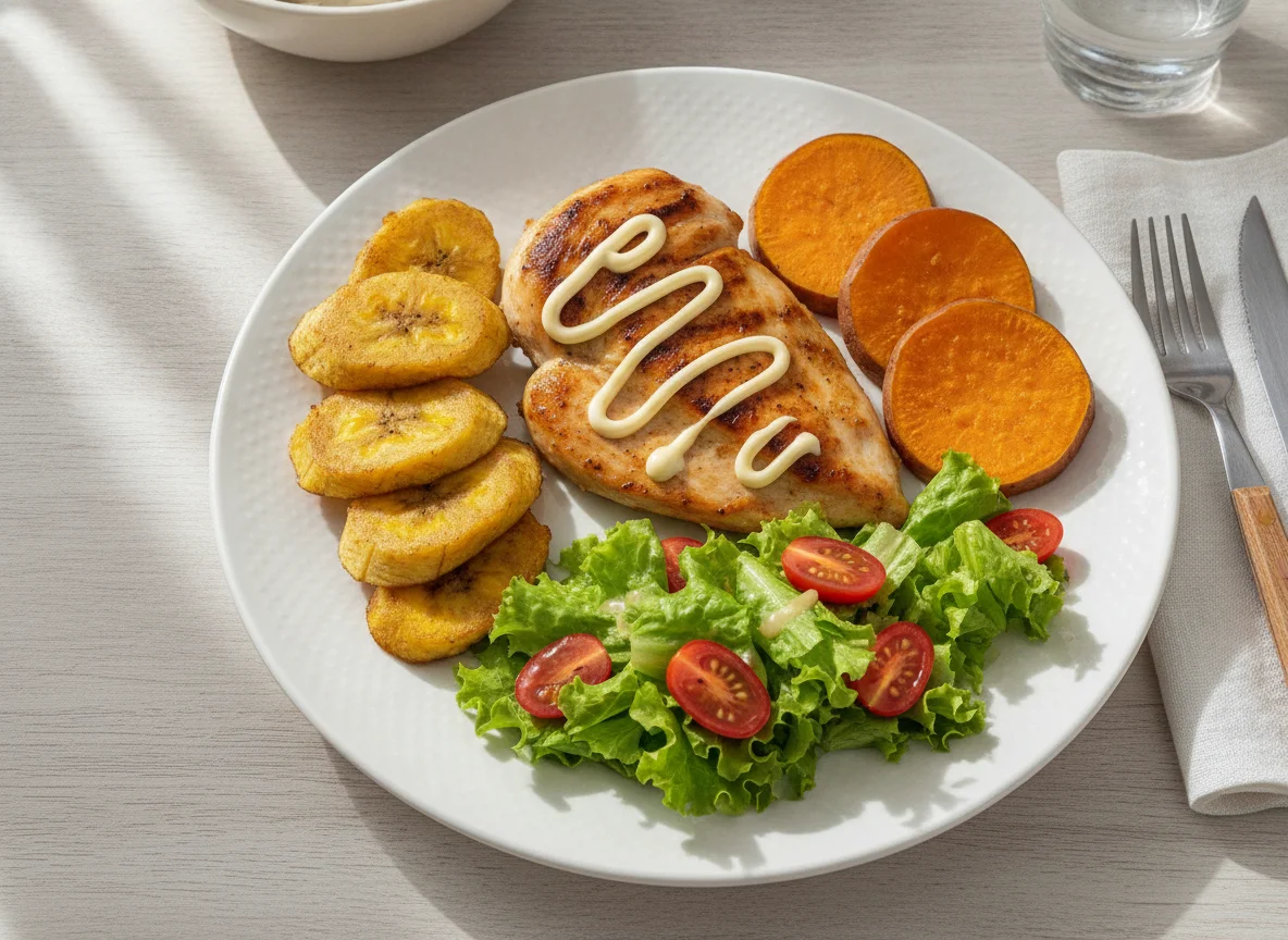 Peito de frango com batata-doce, banana frita e salada photo