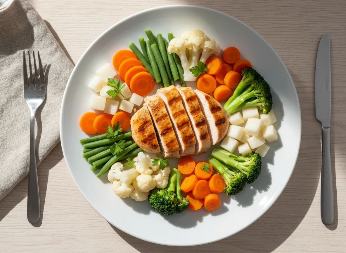 Peito de frango com legumes variados photo