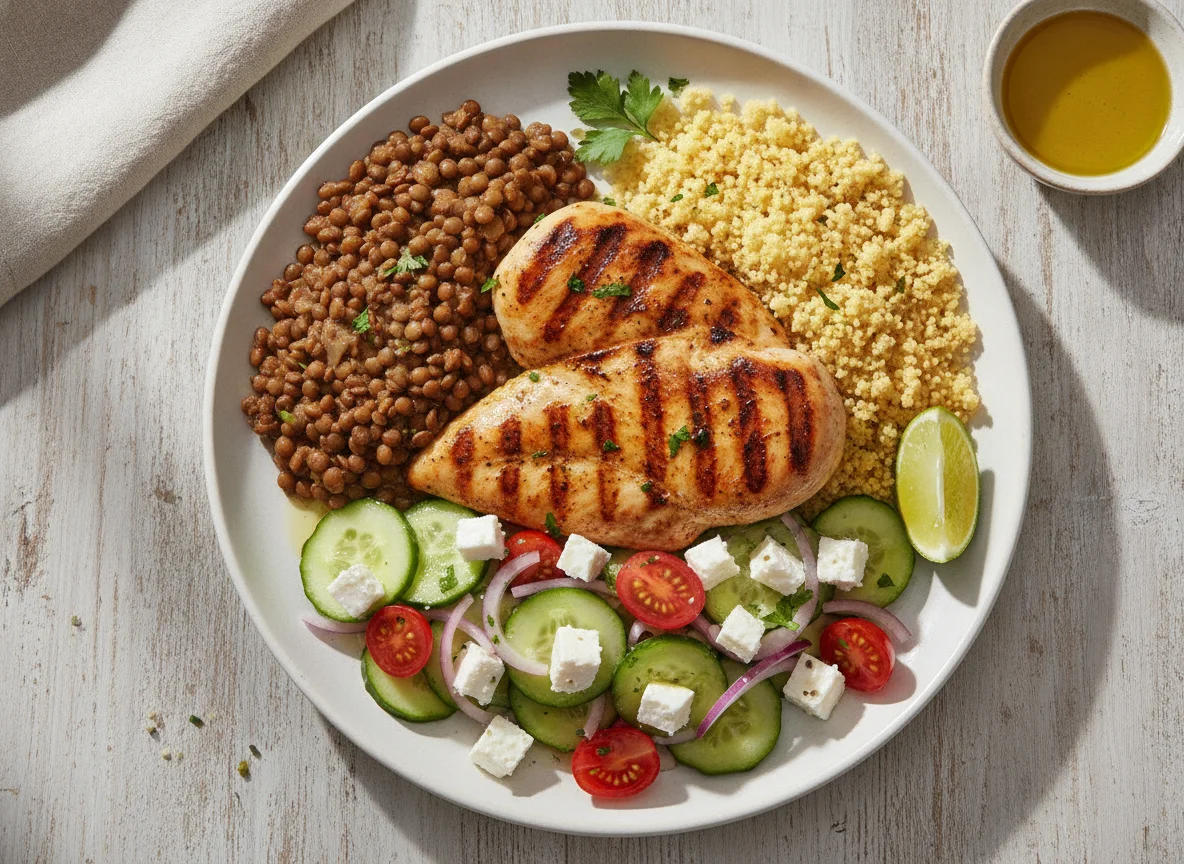 Peito de frango com lentilhas, cuscuz e salada grega photo