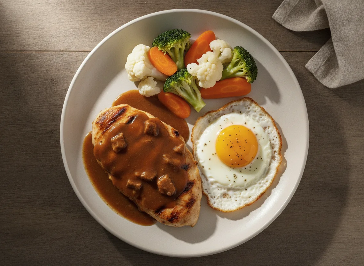 Peito de frango com molho, ovo estrelado e legumes photo