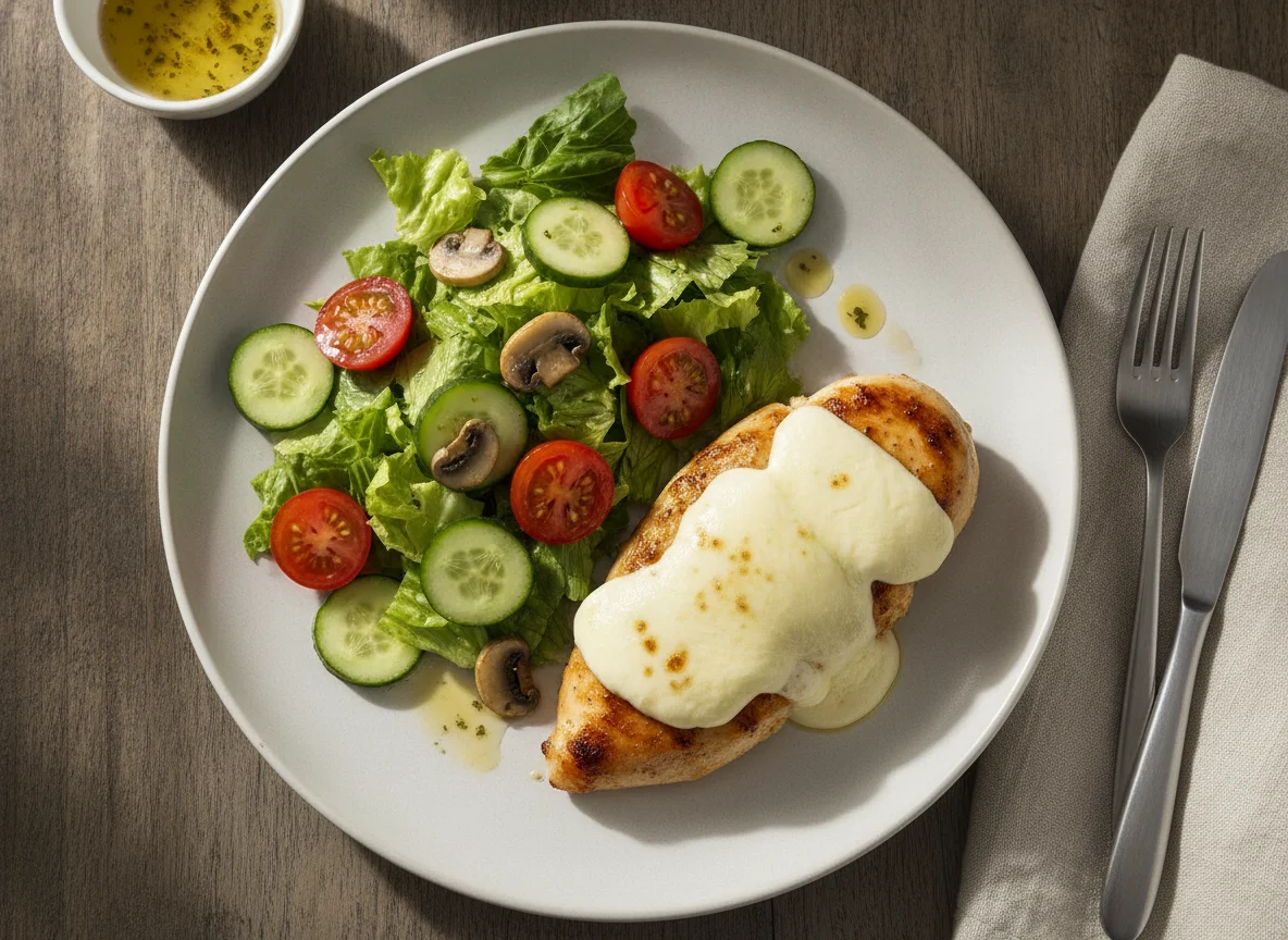 Peito de frango com queijo e salada mista photo