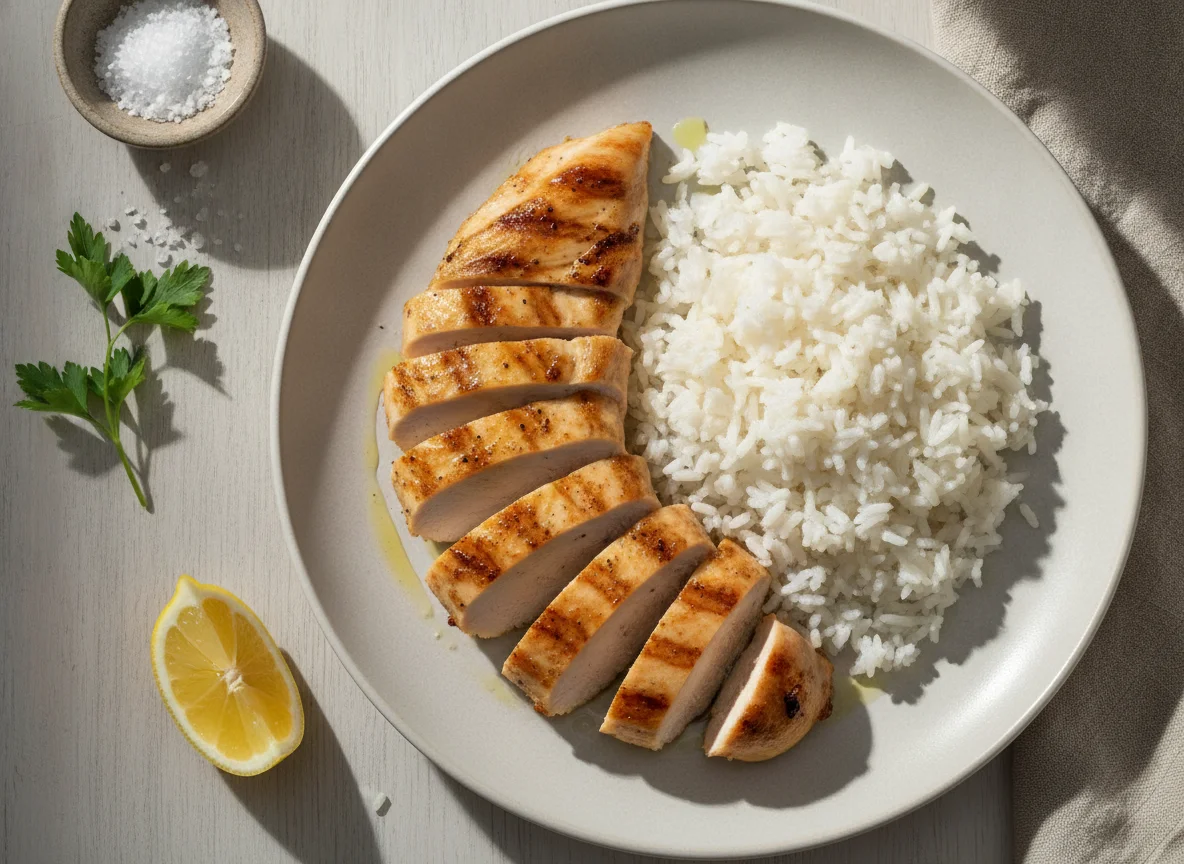 Peito de frango grelhado com arroz branco photo
