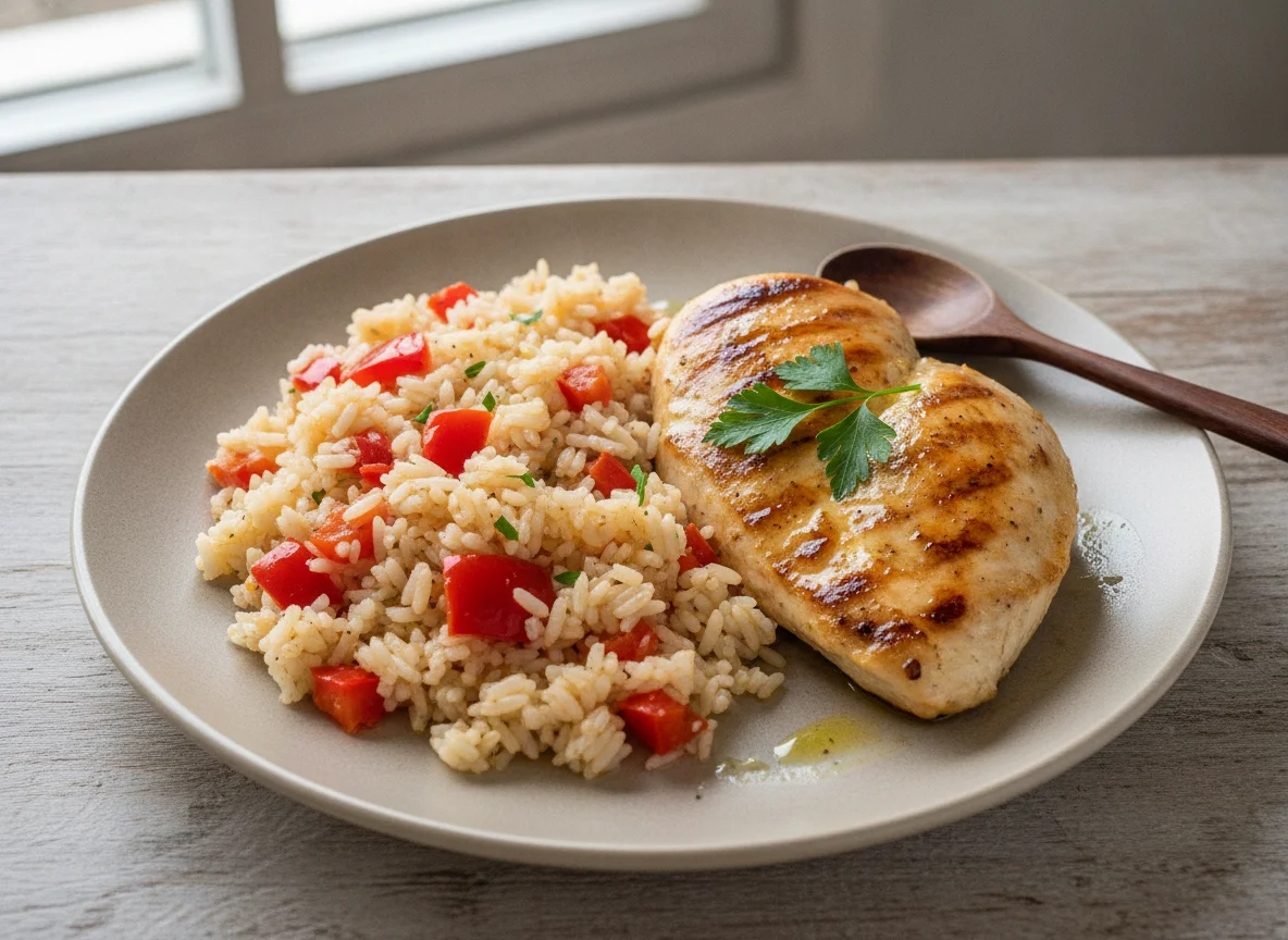 Peito de frango grelhado com arroz de legumes photo