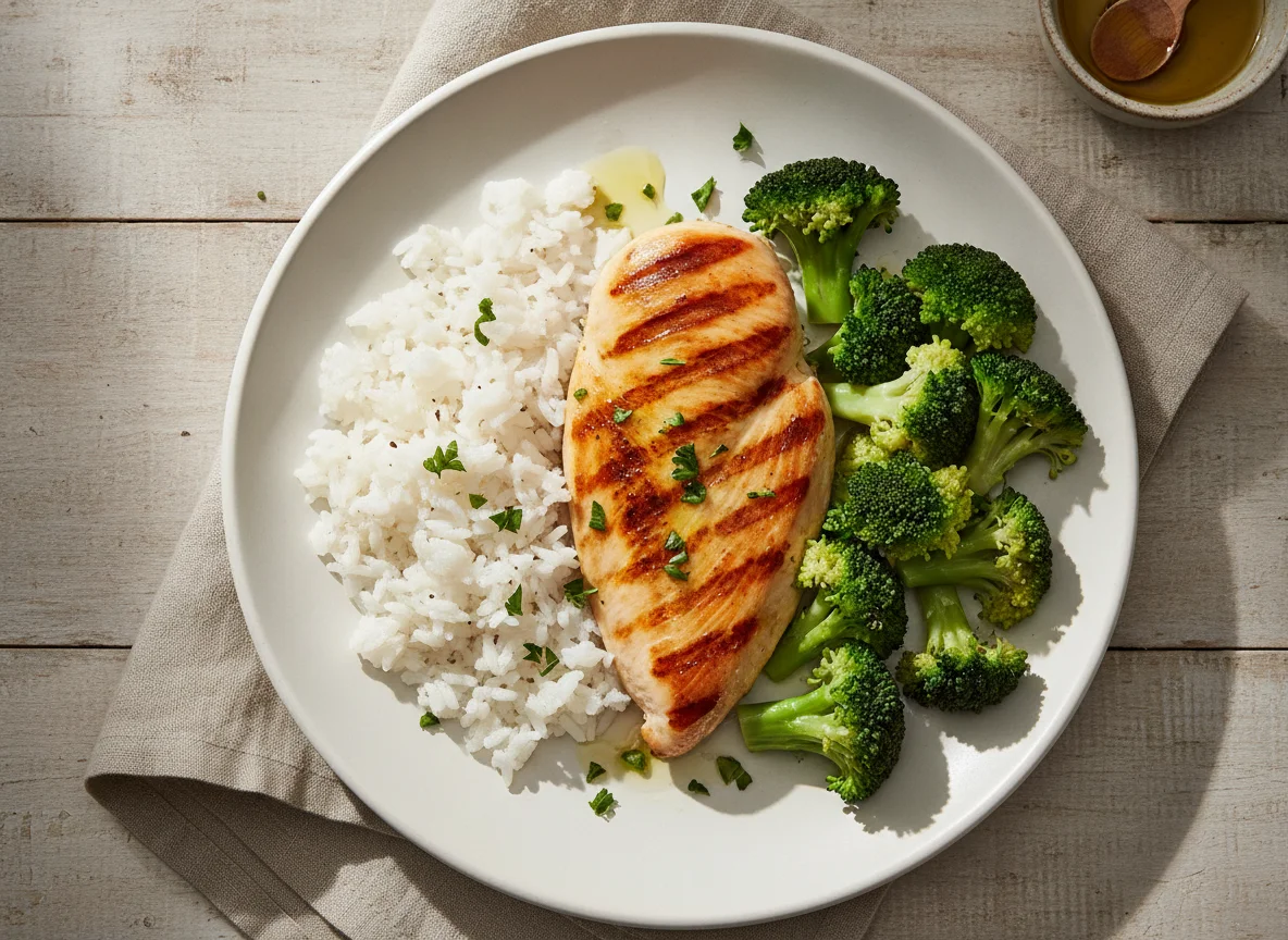 Peito de frango grelhado com arroz e brócolos photo
