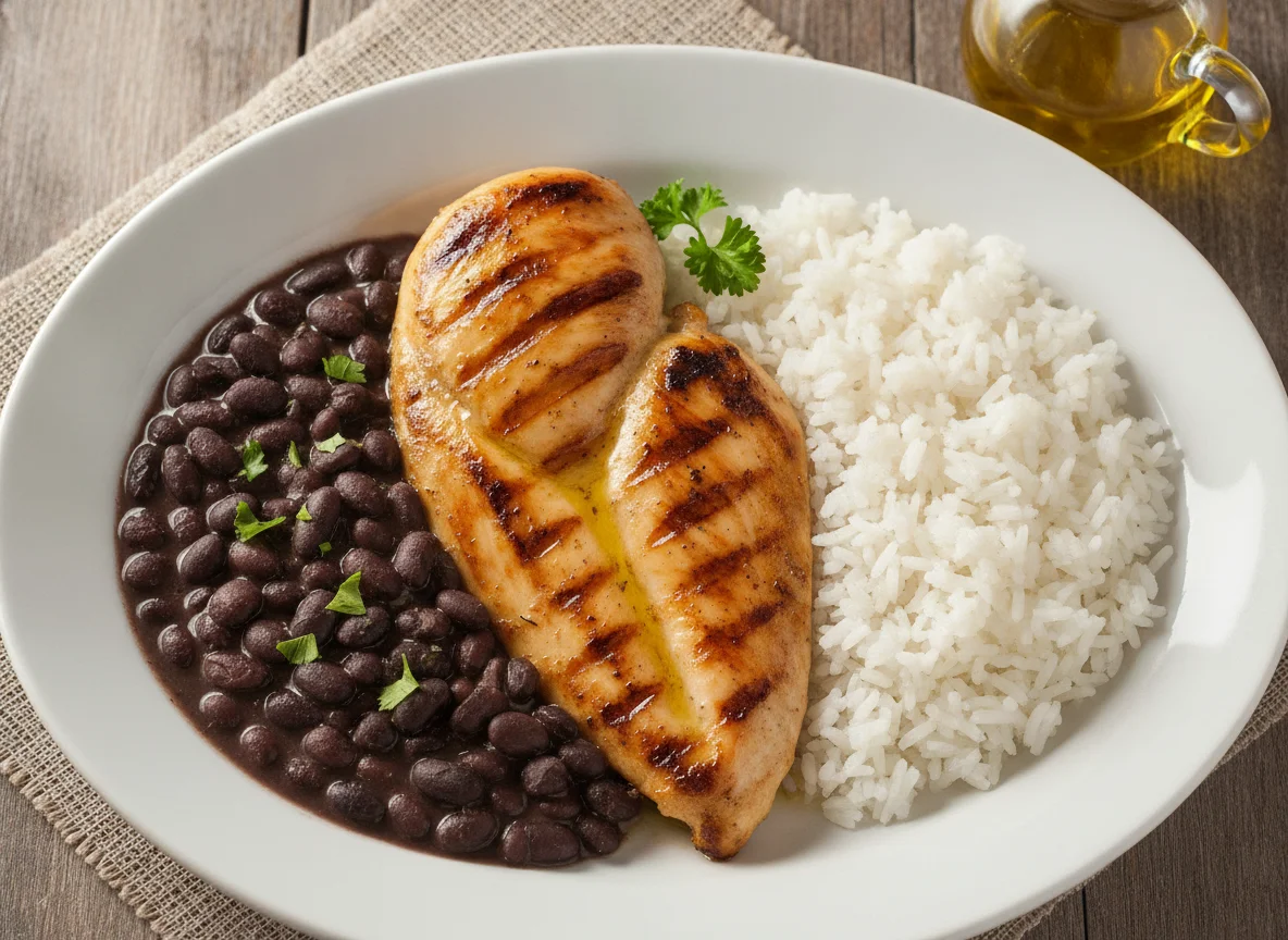 Peito de frango grelhado com arroz e feijão preto photo