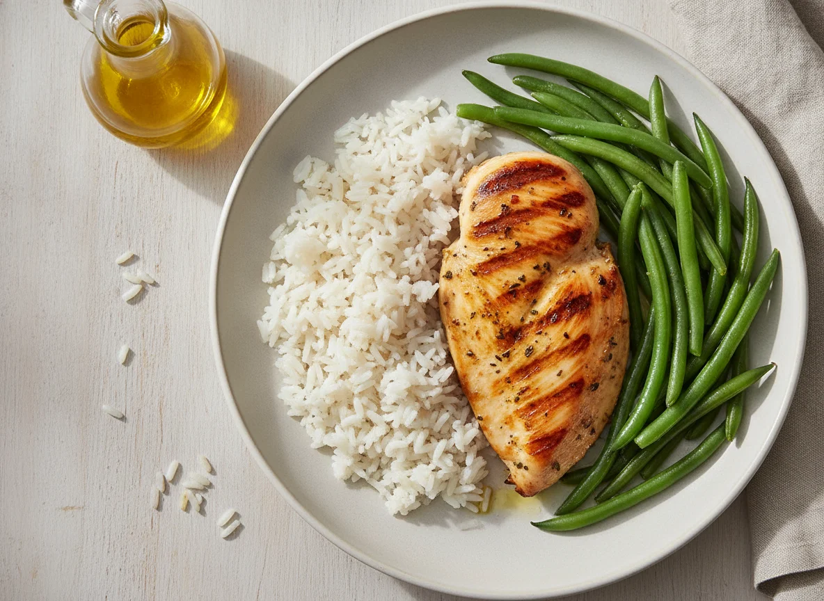 Peito de frango grelhado com arroz e feijão-verde photo