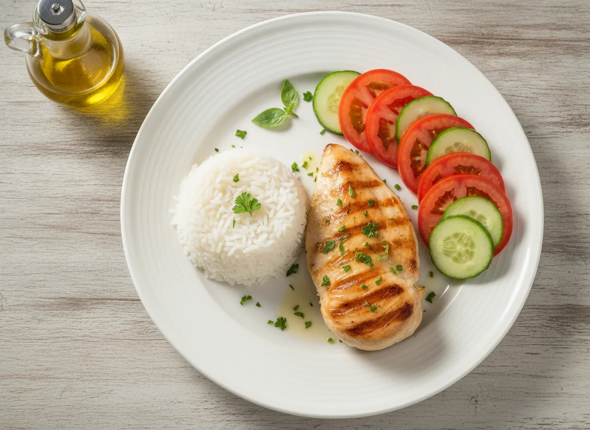 Peito de frango grelhado com arroz e salada photo
