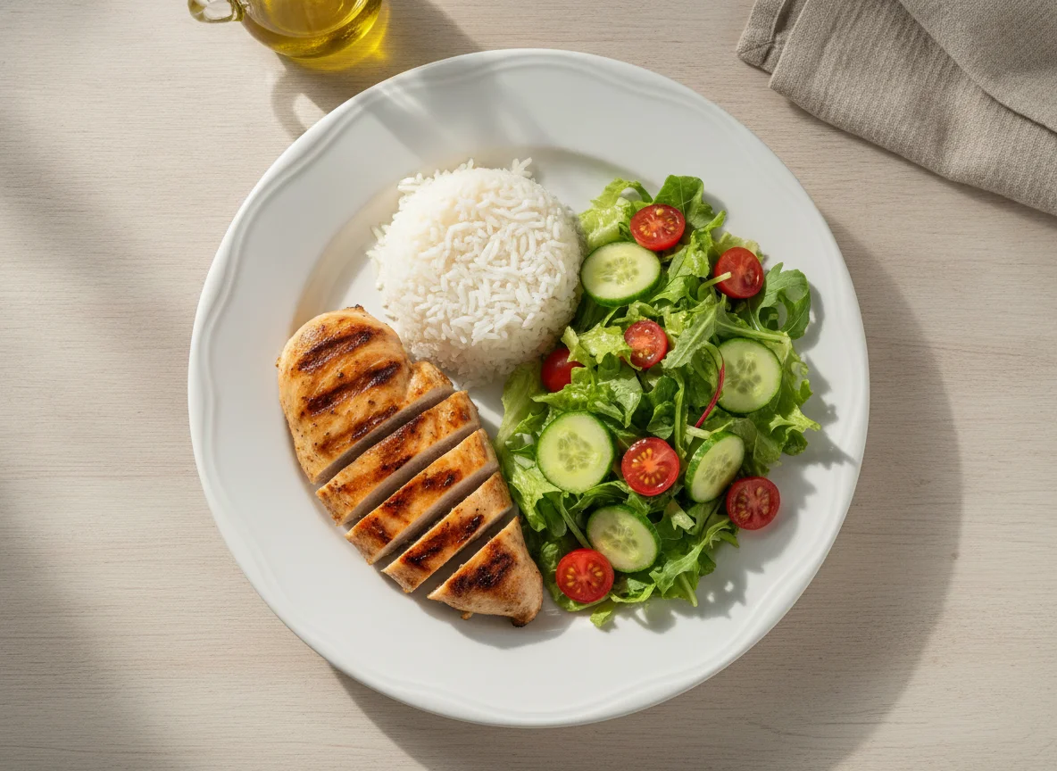 Peito de frango grelhado com arroz e salada mista photo