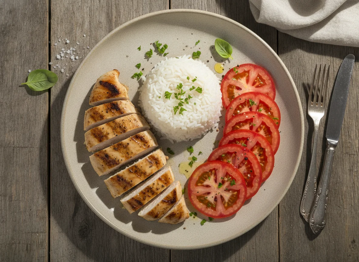 Peito de frango grelhado com arroz e tomate photo