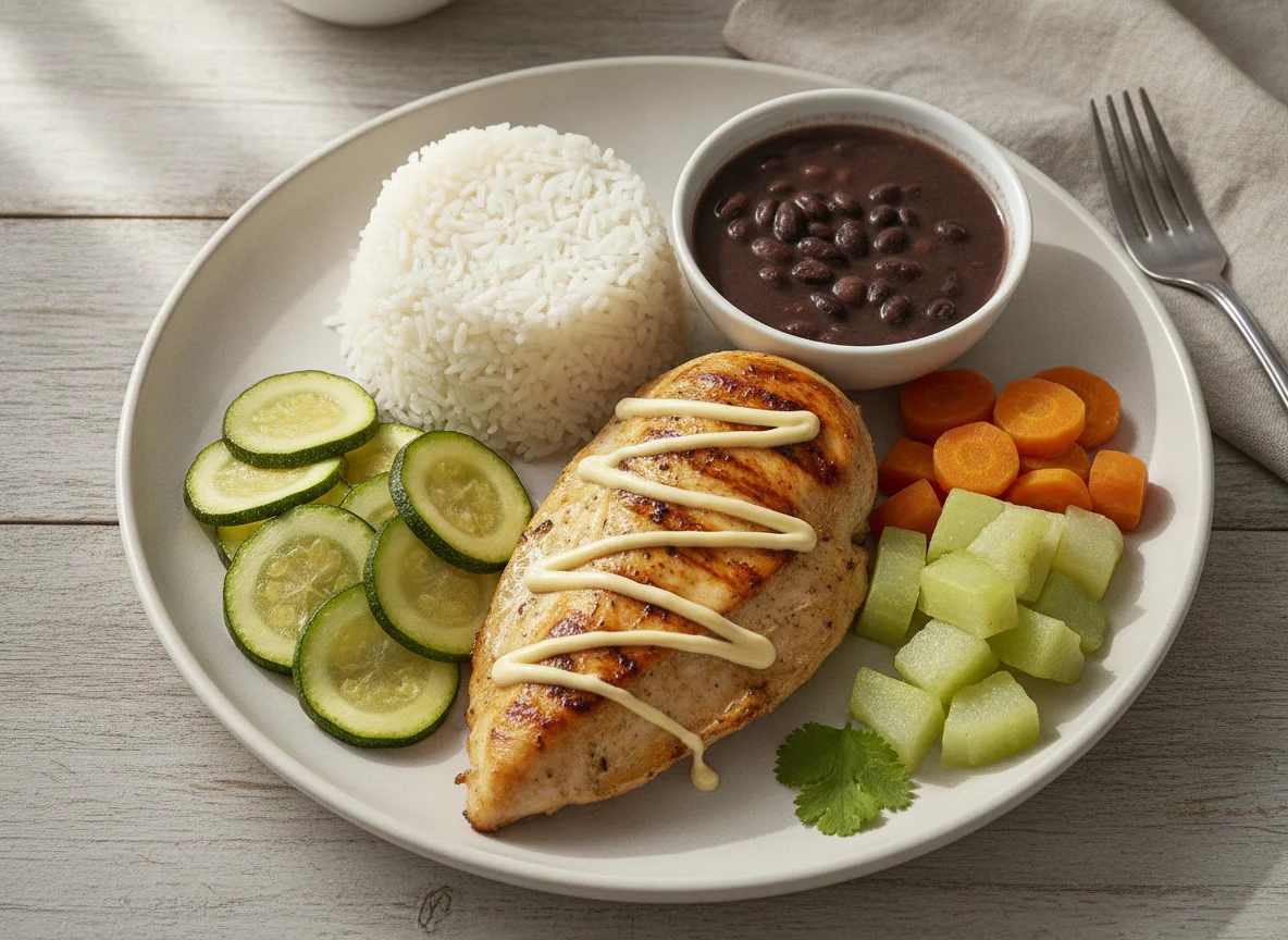 Peito de frango grelhado com arroz, feijão e legumes photo