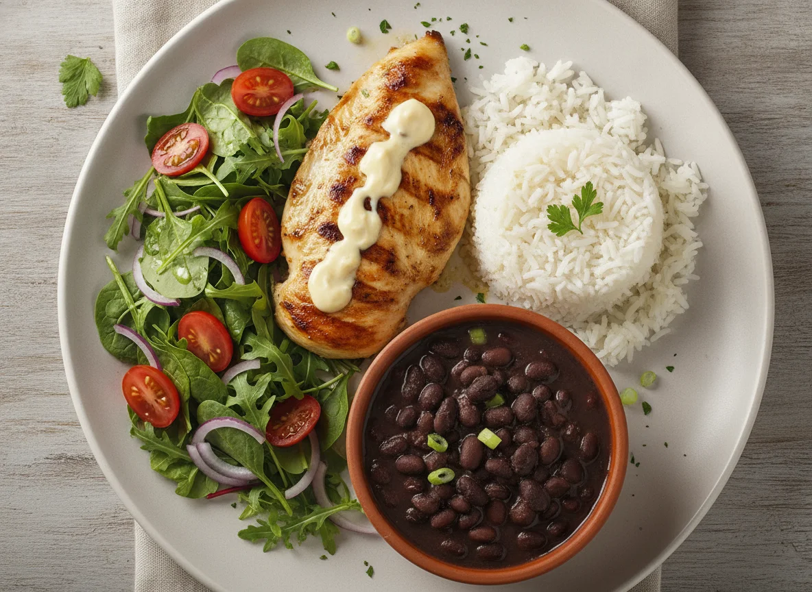 Peito de frango grelhado com arroz, feijão e salada photo