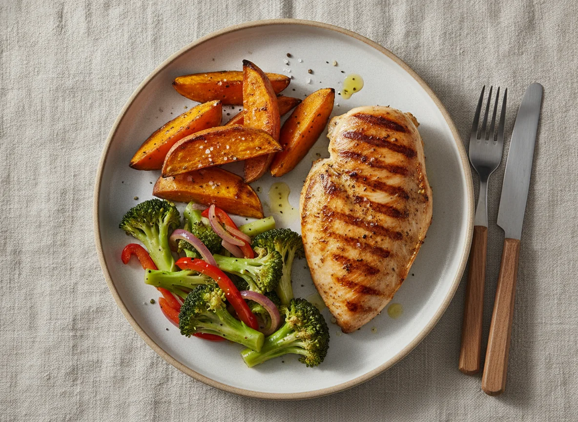 Peito de frango grelhado com batata-doce assada e brócolos salteados photo