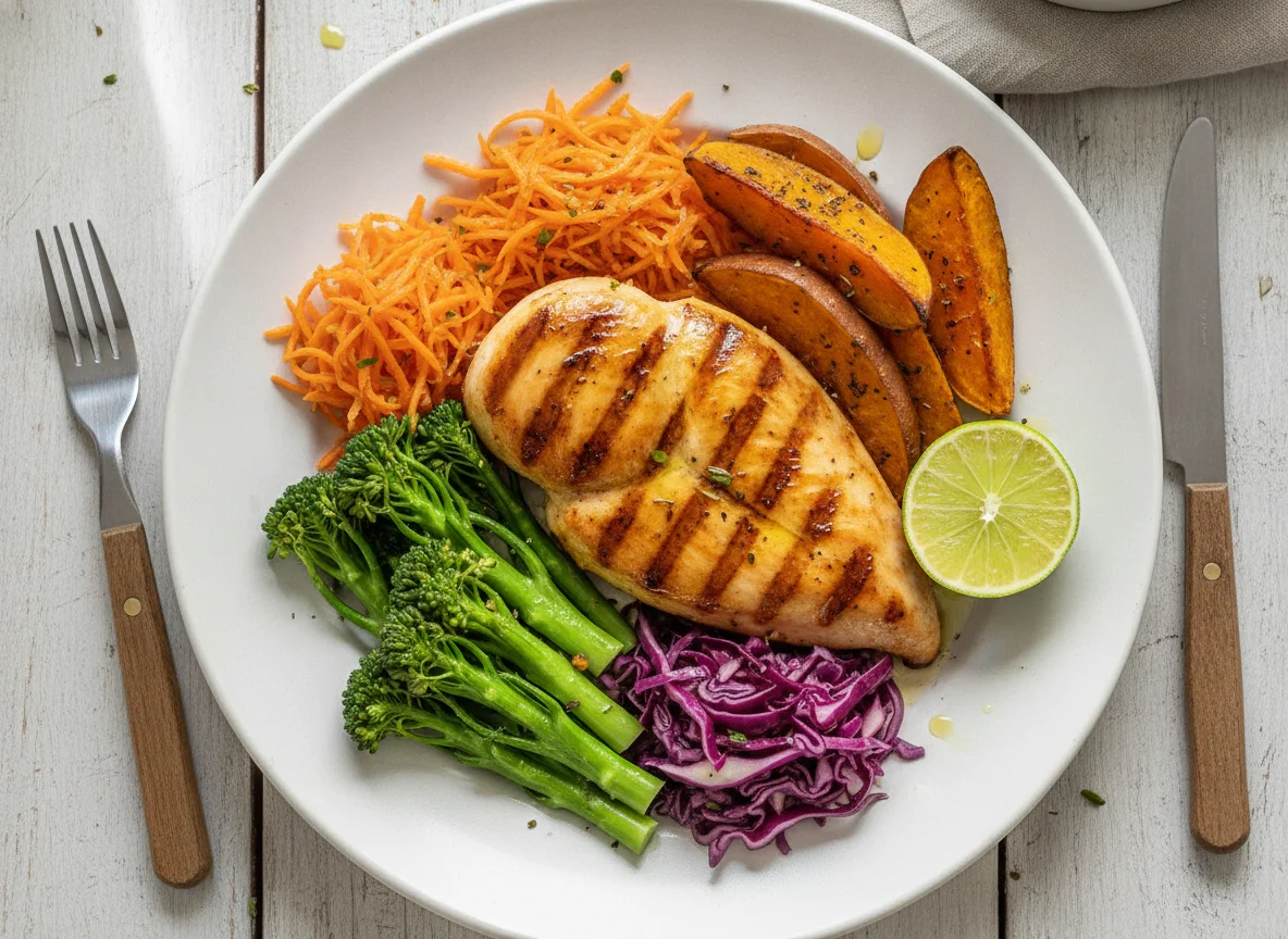 Peito de frango grelhado com batata-doce assada e legumes photo