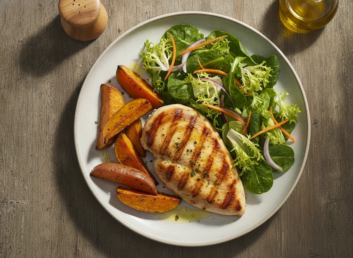 Peito de frango grelhado com batata-doce assada e salada mista photo