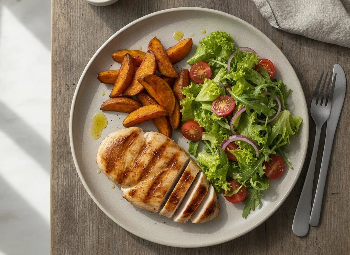 Peito de frango grelhado com batata-doce e salada mista photo