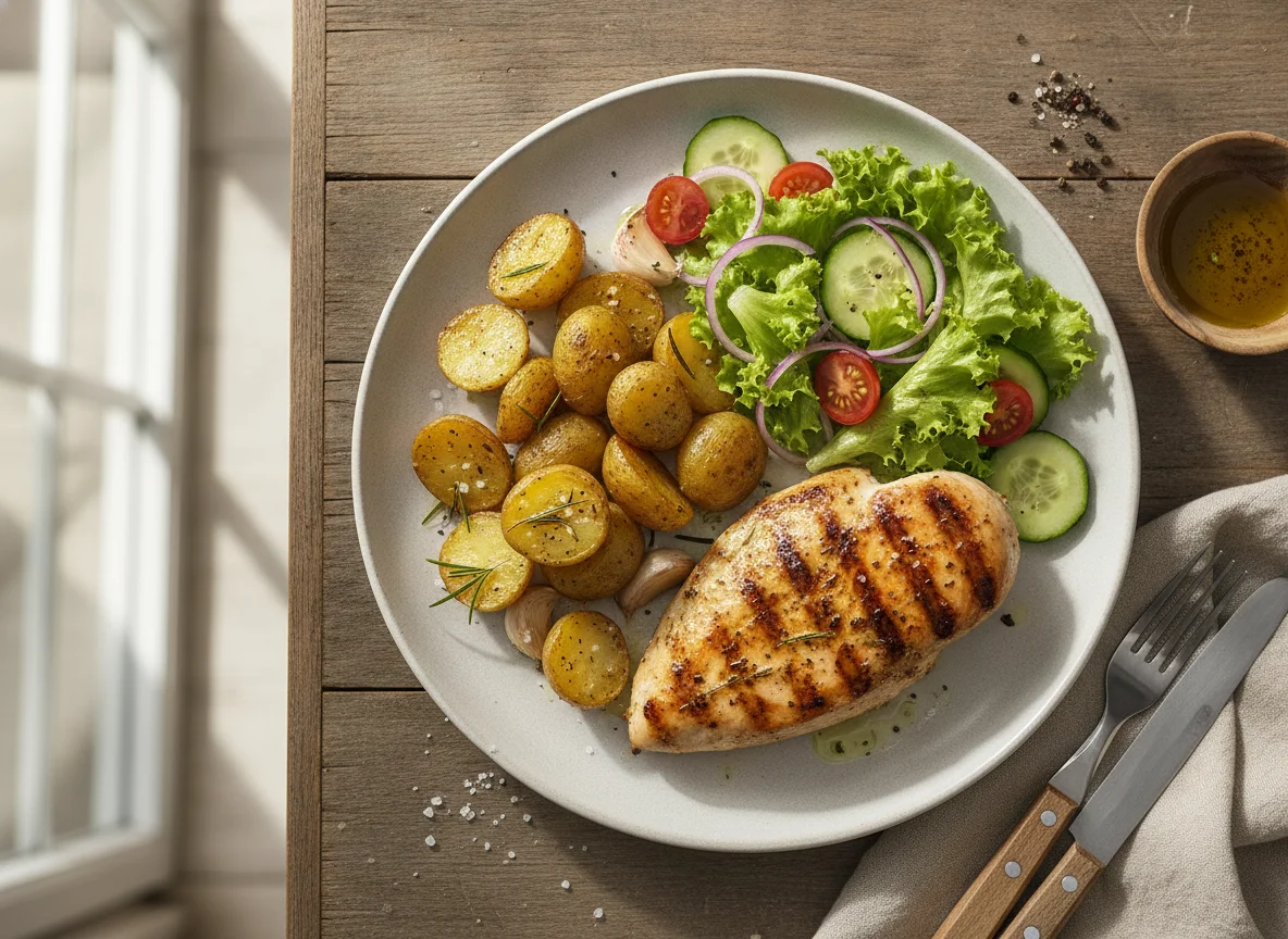 Peito de frango grelhado com batatas assadas e salada photo