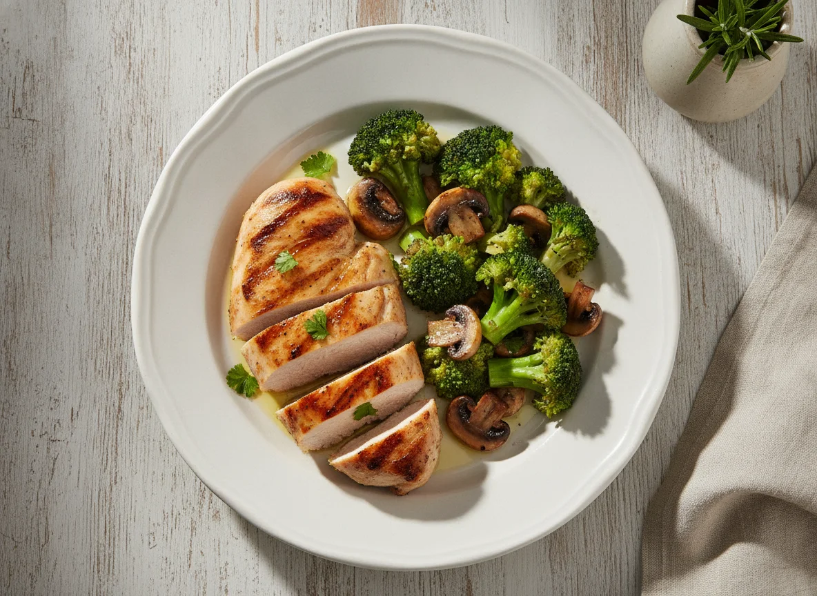 Peito de frango grelhado com brócolos e cogumelos photo