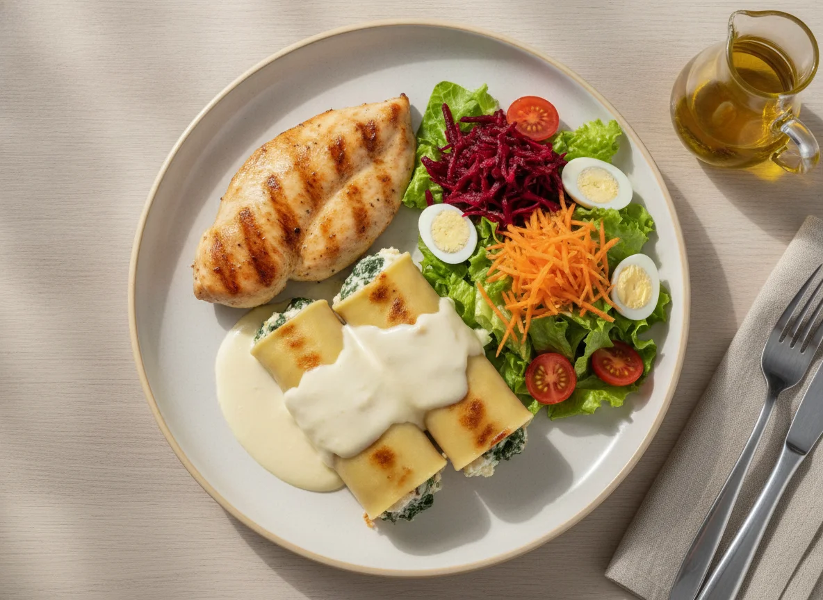 Peito de frango grelhado com canelone de ricota e espinafre e salada mista photo