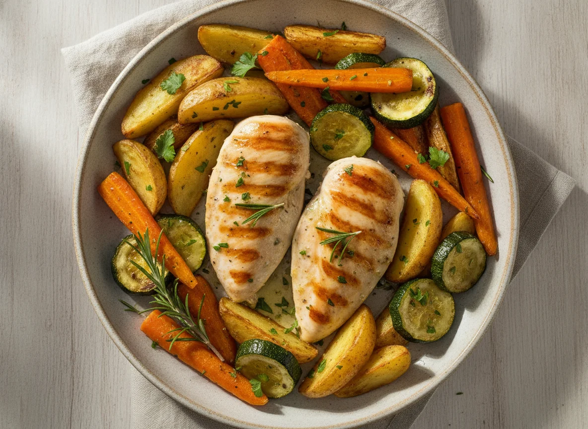 Peito de frango grelhado com legumes assados photo