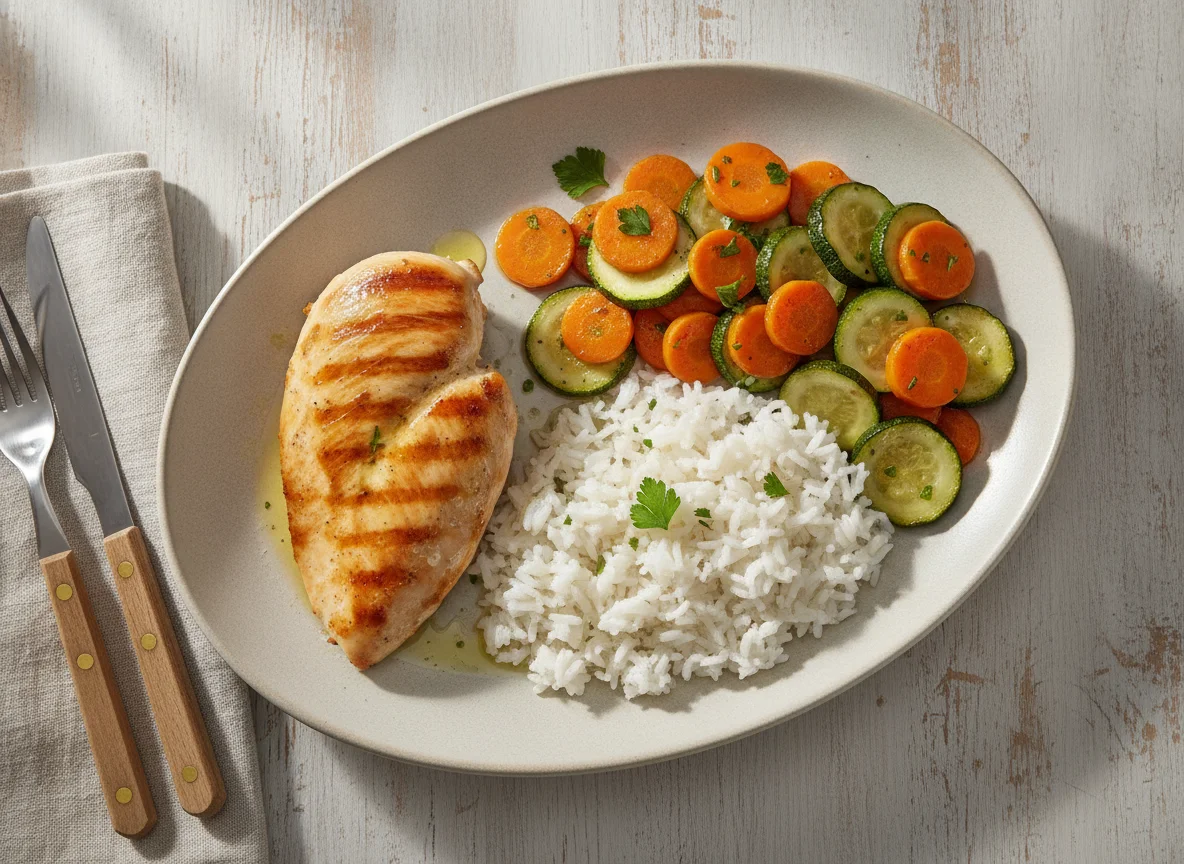 Peito de frango grelhado com legumes e arroz photo