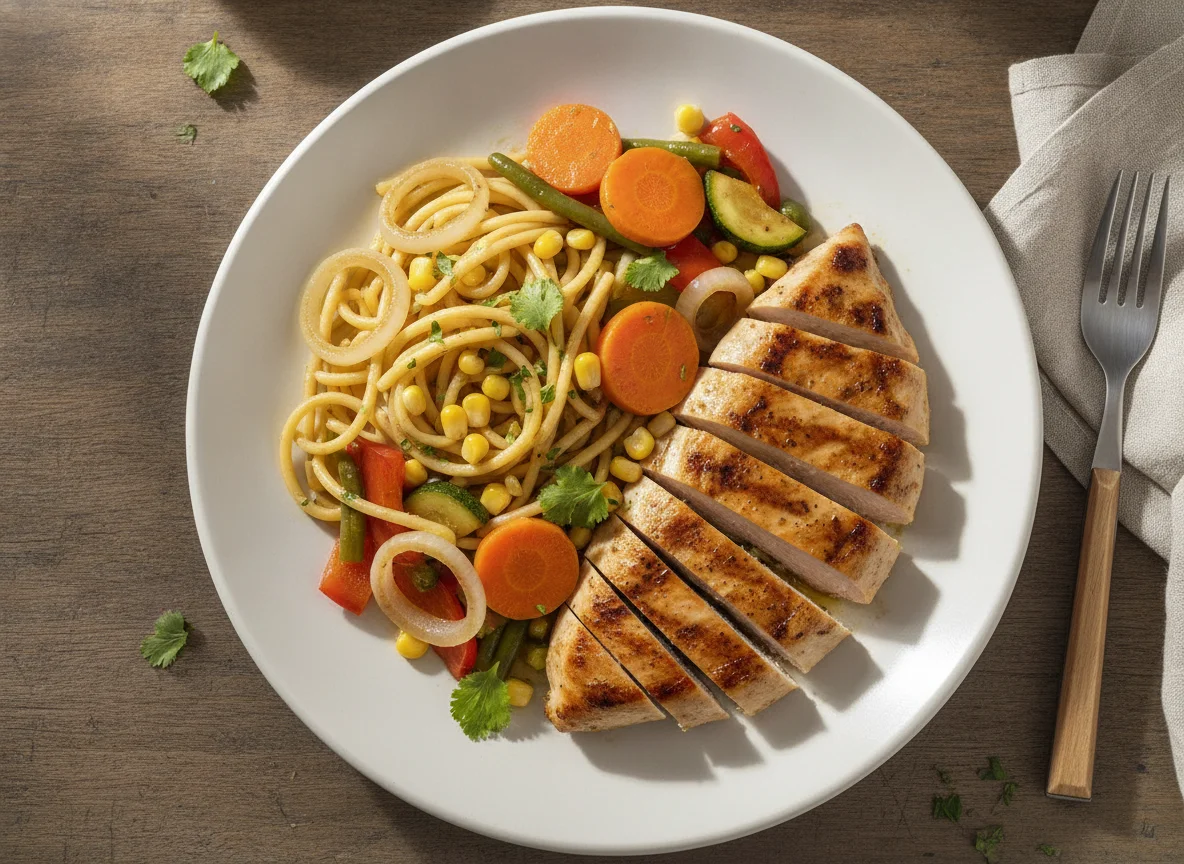 Peito de frango grelhado com legumes e massa photo