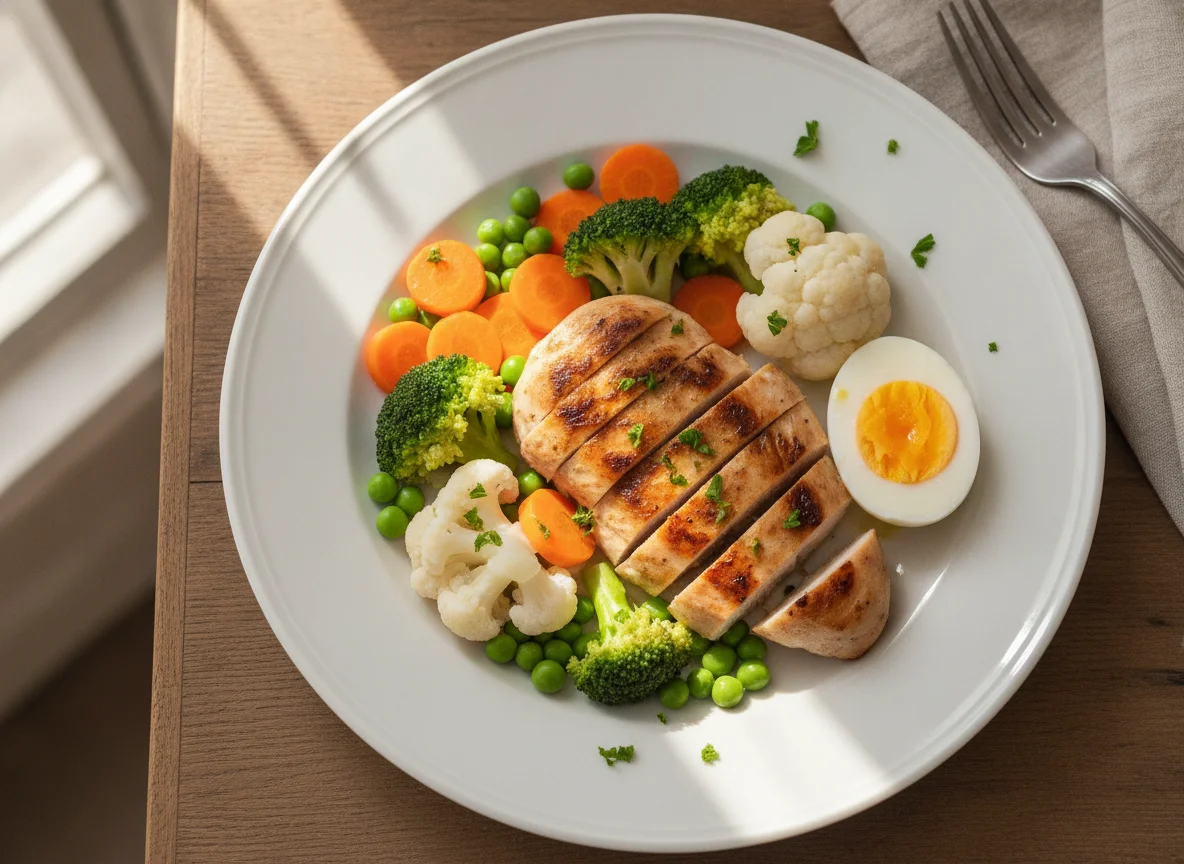 Peito de frango grelhado com legumes e ovo cozido photo