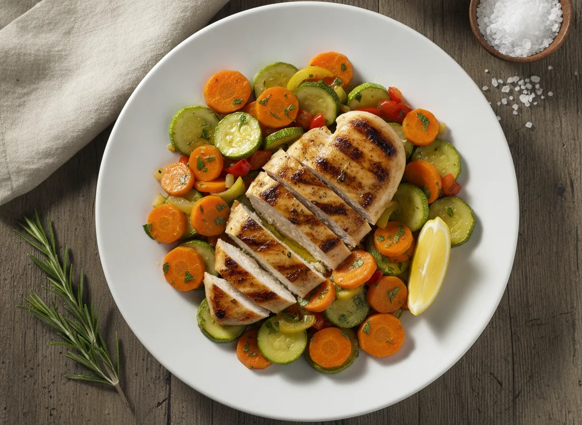 Peito de frango grelhado com legumes salteados photo