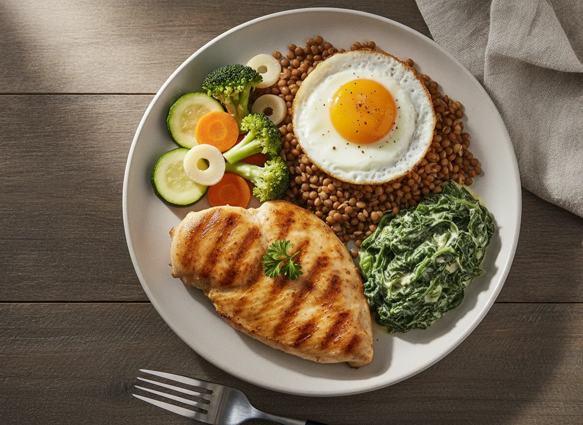 Peito de frango grelhado com lentilha, legumes e espinafre photo