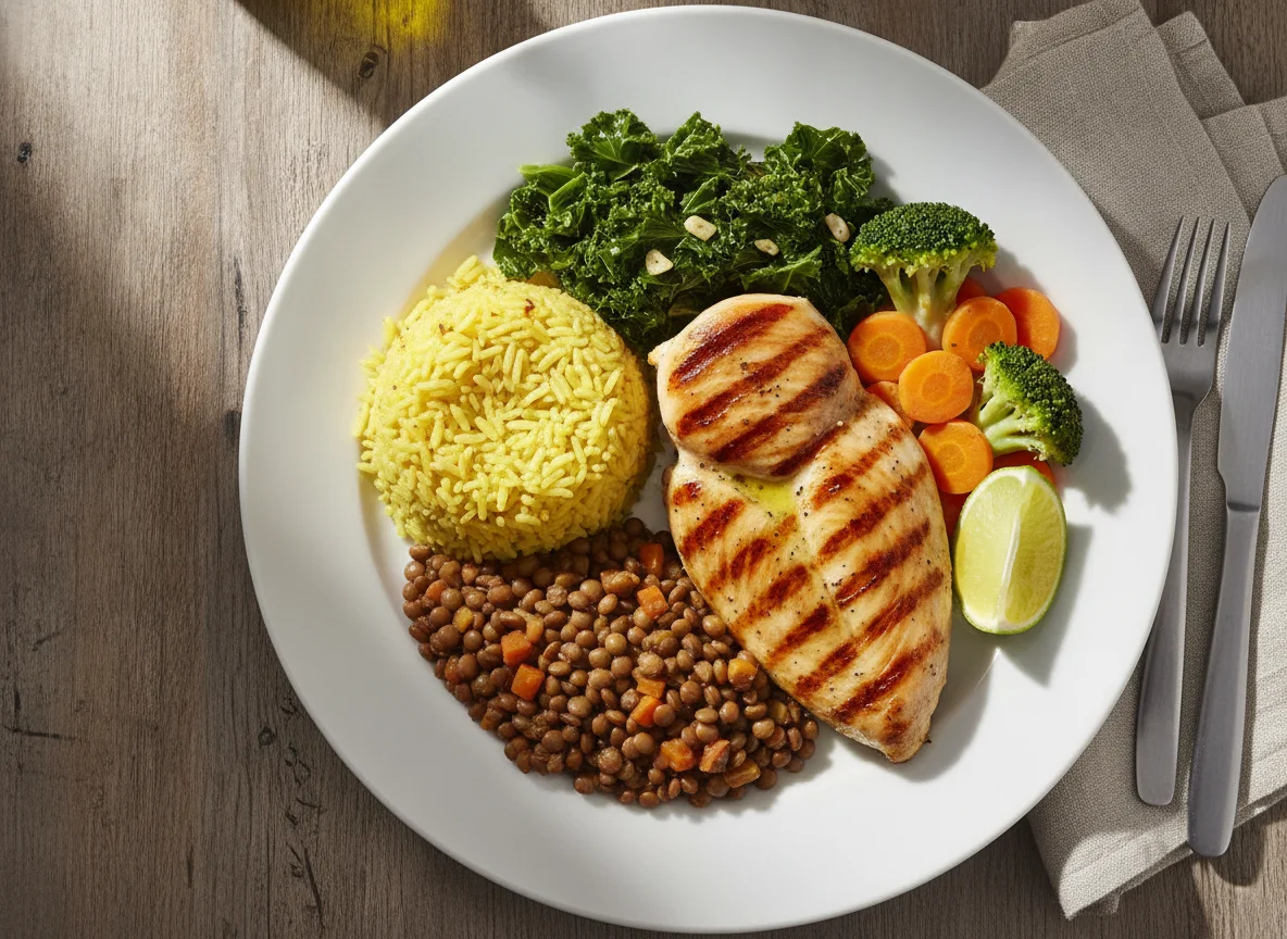 Peito de frango grelhado com lentilhas, arroz, couve e legumes photo